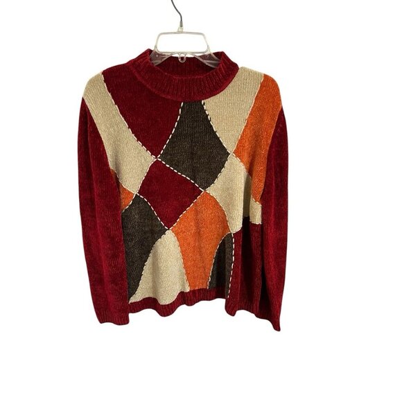 Alfred Dunner Women's XL Retro Chenille Patchwork Style Knit Sweater Red - Picture 1 of 4